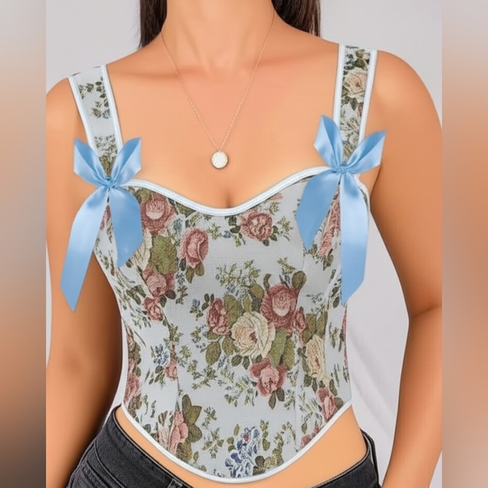 Floral Renaissance Style Corset with Blue Accents Size 10 NWT.